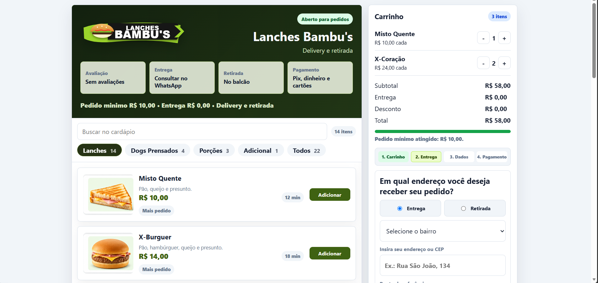 Loja online Lanches Bambu's com checkout