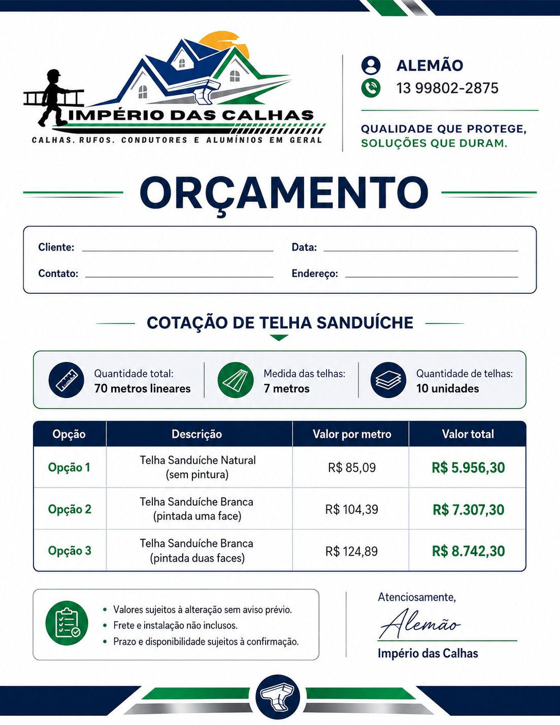 Cotação de telhas para Império das Calhas