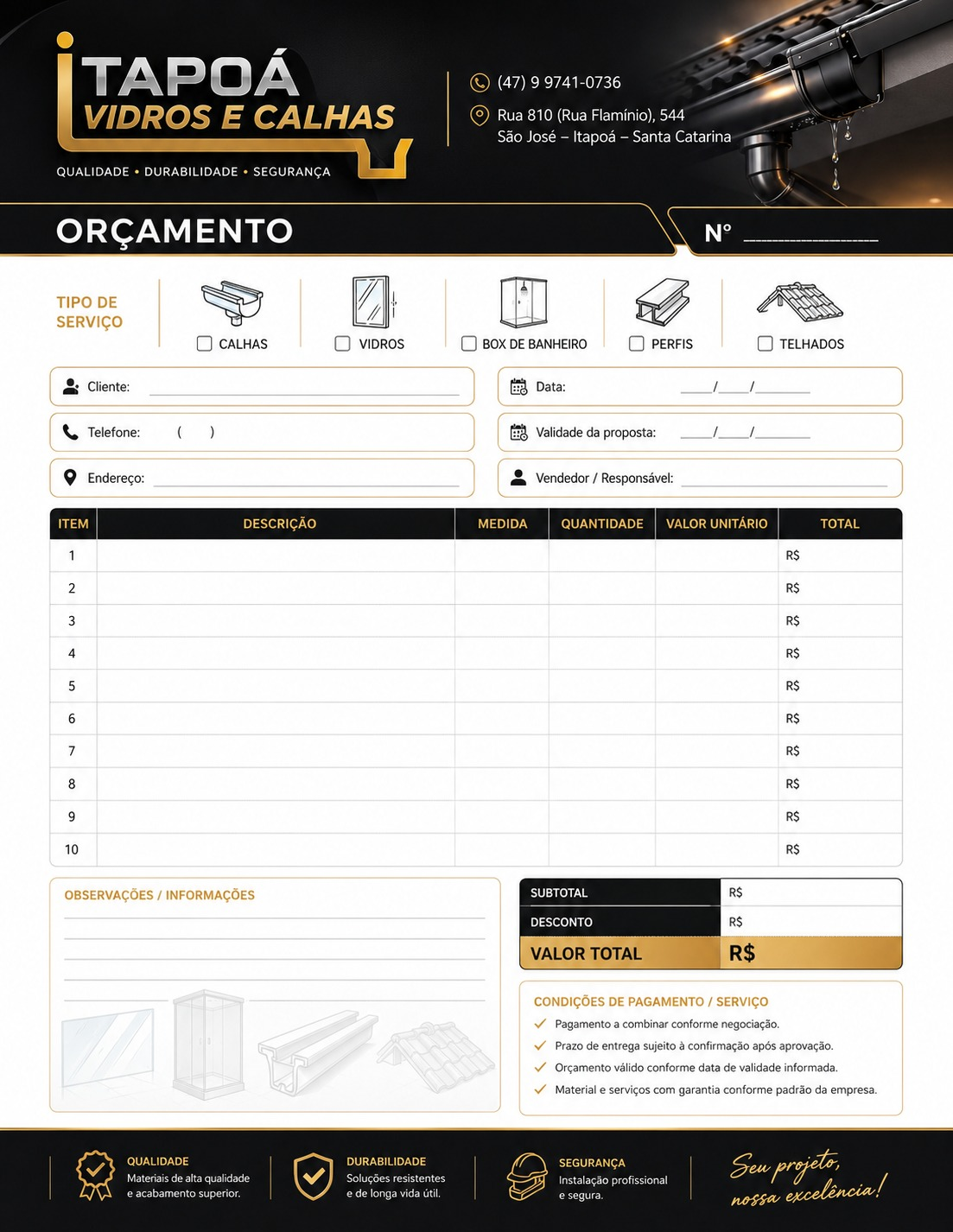 Modelo de orçamento para vidros e calhas
