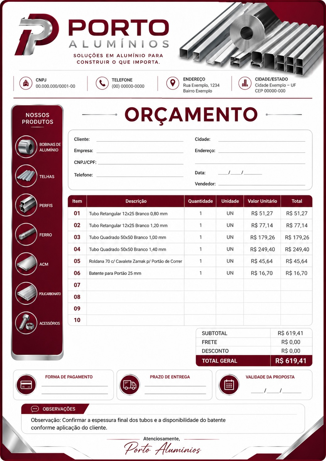 Orçamento profissional da Porto Alumínios