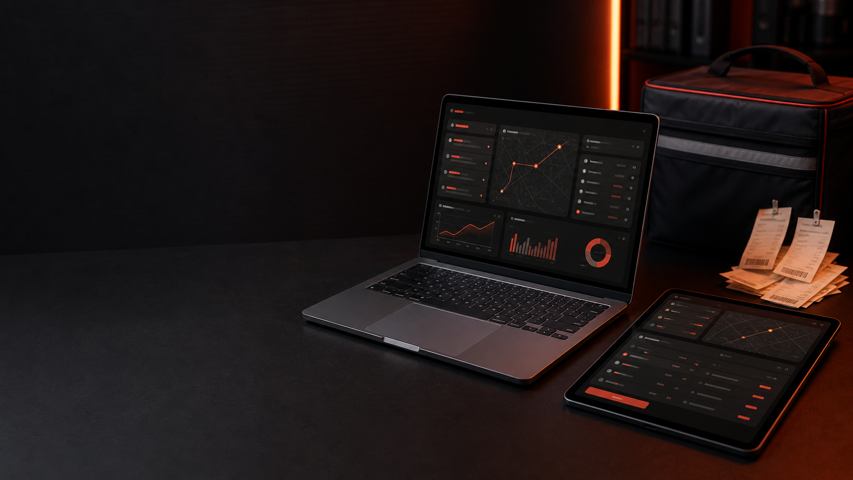 Central de operação com notebook e tablet